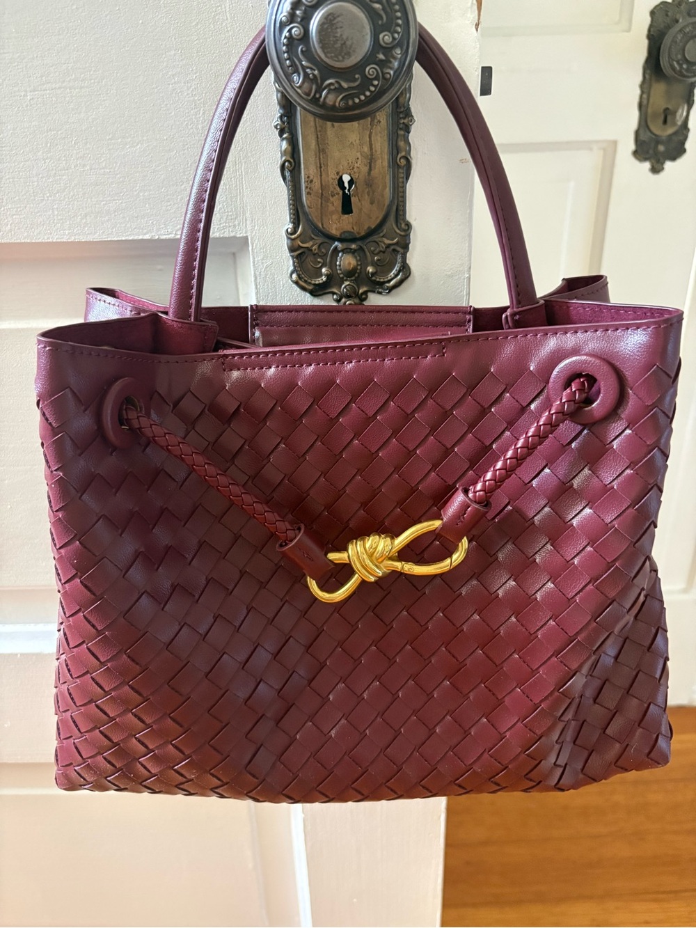 Woven Leather Tote Bag in Deep Burgundy with Gold Accent